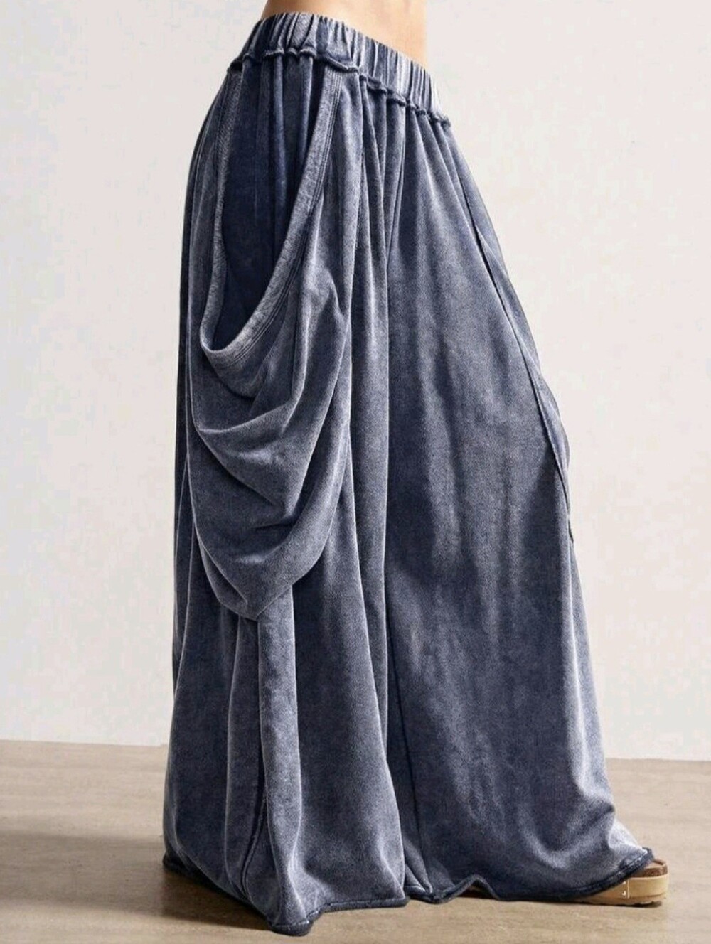 Draped Wide-Leg Boho Pants in Washed Plested Blue Elastic Plus Size XL Casual - Picture 3 of 7